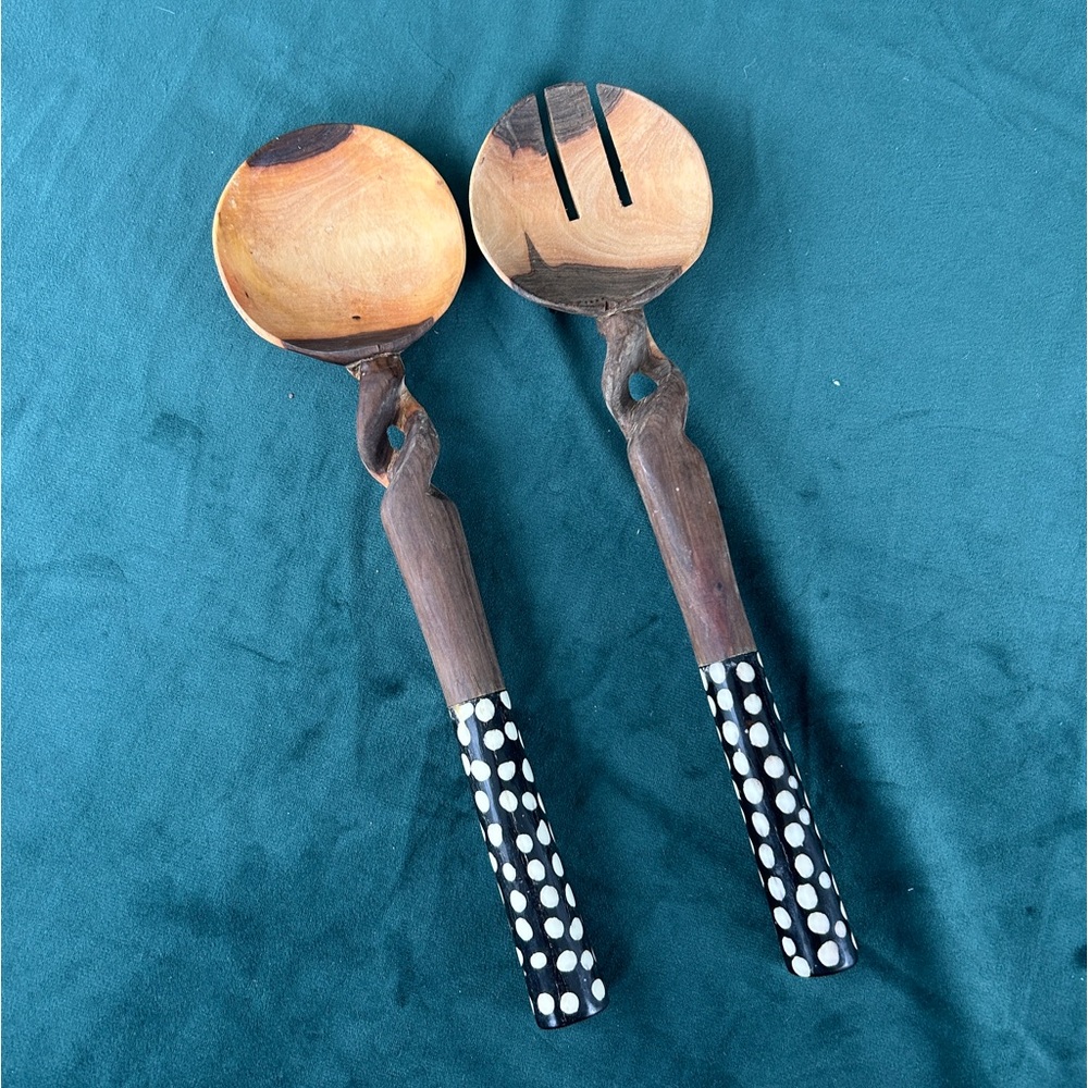 Vintage African Tribal Handmade Polka Dot Wooden Salad Server